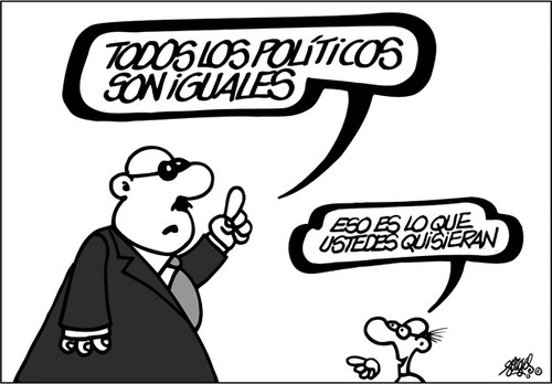 Viñeta del gran Forges ironizando con el mantra de que todos los políticos son iguales. (https://15mpedia.org/wiki/Archivo:Todosnosoniguales.jpeg)